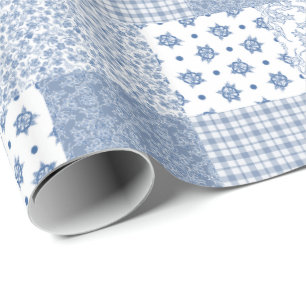 Nostalgic Indigo Faux Patchwork Wrapping Paper