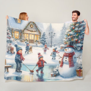 Nostalgic Kids Skating  Christmas Fleece Blanket