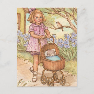Nostalgic Kitten in Baby Carriage Postcard