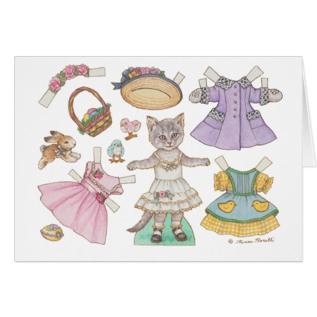 Nostalgic Kitty Cat Easter Paper Doll Card (Front Horizontal)