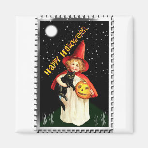 Nostalgic Little Girl, Jack-o’-lantern and Cat Magnet