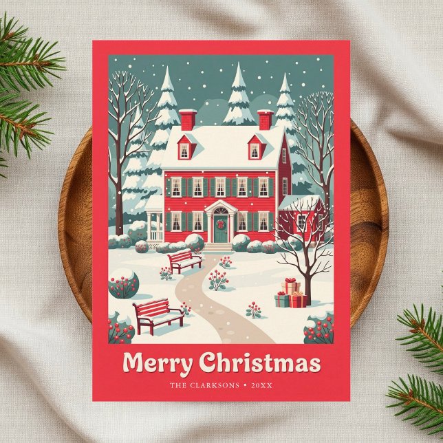 Nostalgic Merry Christmas Red House Retro Holiday Card (Creator Uploaded)