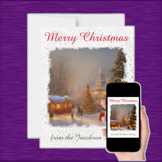 Nostalgic Merry Christmas Trees Village Square Holiday Card (Creator Uploaded)
