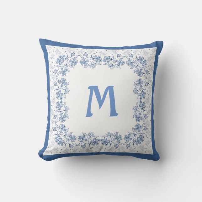 Nostalgic Monogram Indigo Floral Border Cushion (Front)
