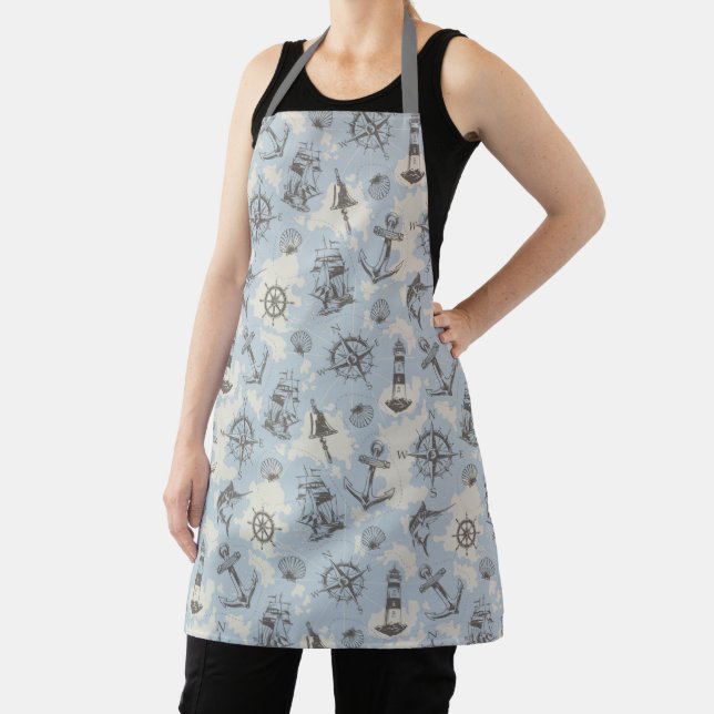 Nostalgic nautical themed blue pattern apron (Insitu)
