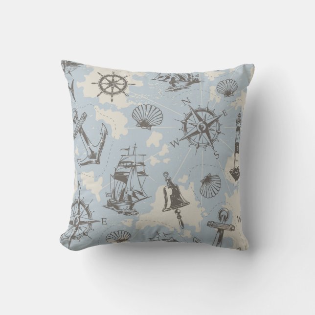 Nostalgic nautical themed blue pattern cushion (Front)