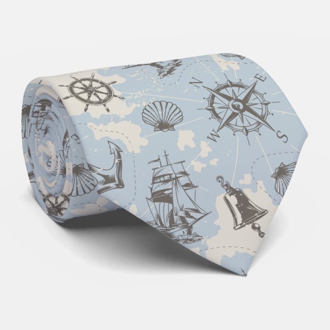 Nostalgic nautical themed blue pattern  neck tie (Rolled)