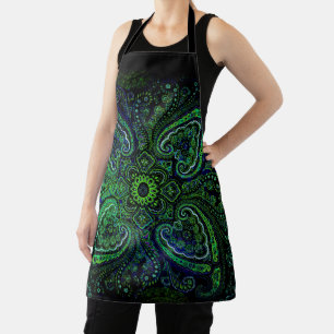 Nostalgic Paisley in Greens on Black Background Apron