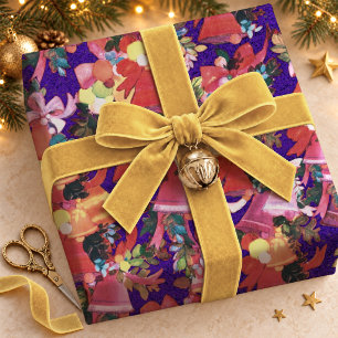 Nostalgic Red Purple Vintage Christmas Bells Wrapping Paper