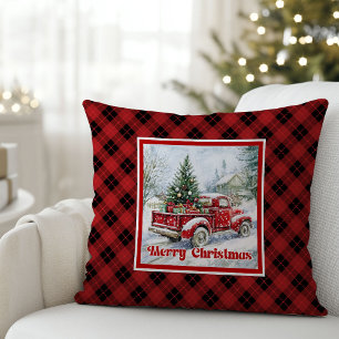 Nostalgic red truck holiday scene rustic Christmas Cushion