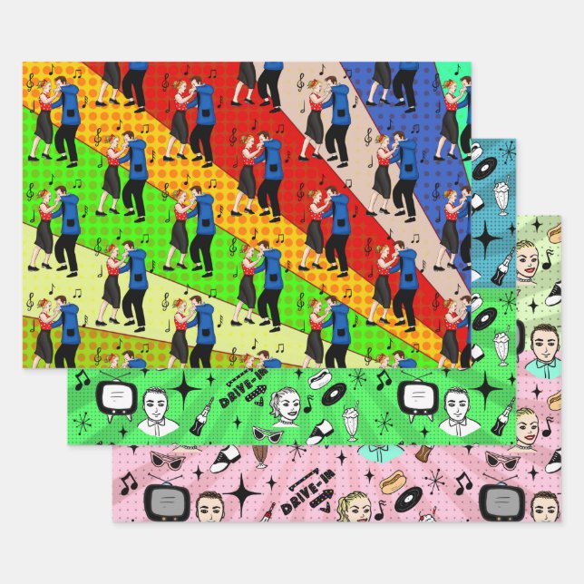 Nostalgic Retro 1950's Style   Wrapping Paper Sheet (Set)