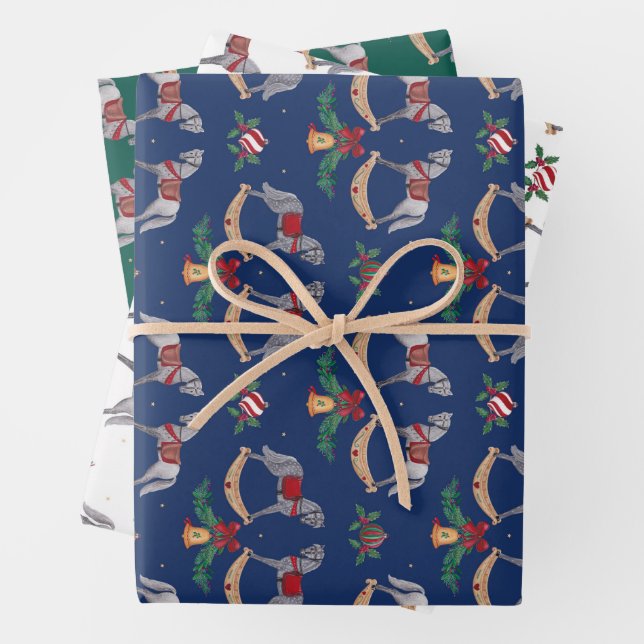 Nostalgic Rocking Horse with Holly Fir Branches  Wrapping Paper Sheet (In situ)