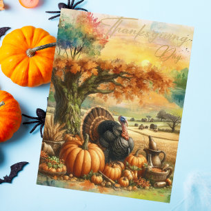 Nostalgic Thanksgiving Day Pumpkin and Turkeys Holiday Postcard