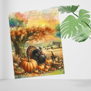 Nostalgic Thanksgiving Day Pumpkin and Turkeys Holiday Postcard