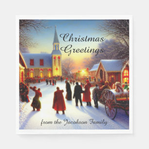 Nostalgic Village Church Visit Christmas Greetings Napkin
