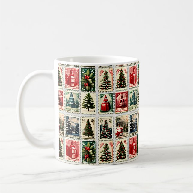 Nostalgic vintage Christmas stamps pattern Coffee Mug (Left)