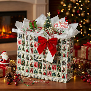Nostalgic vintage Christmas stamps pattern Large Gift Bag