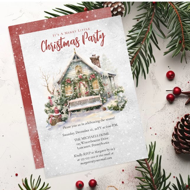 Nostalgic Vintage Holiday Cottage Christmas Party Invitation ("It's A Merry Little Christmas Party" Vintage Snowy Holiday Cottage With Bows | Greenery Invitation)