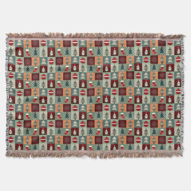 Nostalgic Vintage Holiday Patchwork Quilt Throw Blanket (Front)