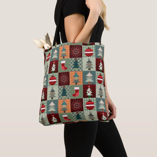 Nostalgic Vintage Holiday Patchwork Quilt Tote Bag (Close Up)