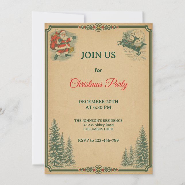 Nostalgic Vintage Retro Christmas Party Invitation (Front)