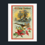 Nostalgic Vintage Winter Scene and Christmas Holly Postcard<br><div class="desc">Charming and nostalgic peaceful rustic farm in winter at sunset with pond,  trees,  snow and holly with A Merry Christmas greeting in old English script. Back features complementary graphics and editable text fields.</div>