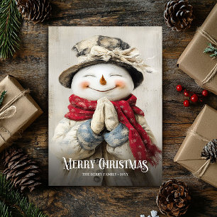 Nostalgic Watercolor Red White Christmas Snowman Holiday Card