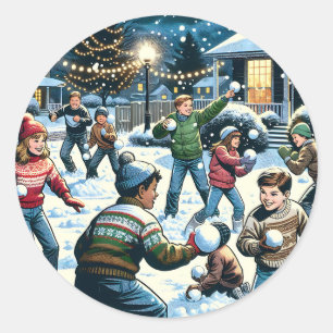 Nostalgic Winter Scene   Children's Snowball Fight Classic Round Sticker