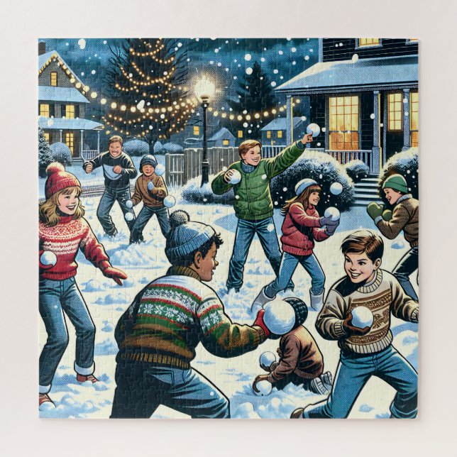 Nostalgic Winter Scene | Children's Snowball Fight Jigsaw Puzzle (Vertical)