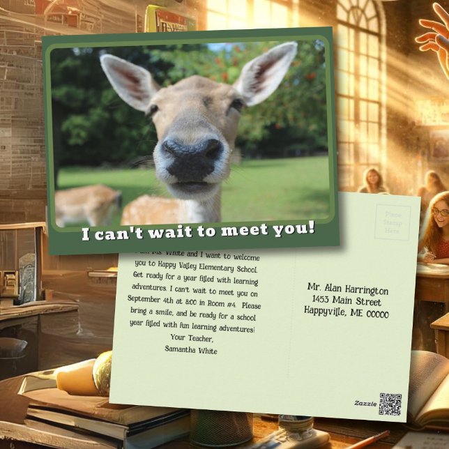 Nosy Deer Can't Wait to Meet You Teacher Note Postcard (Creator Uploaded)