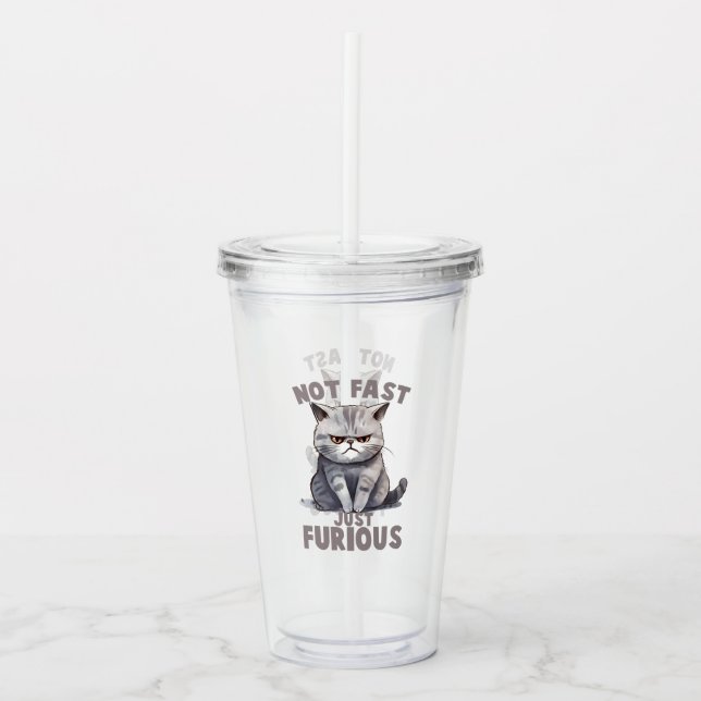 Not Fast, Just Furious – Grey Cat Humour Acrylic Tumbler (Front)