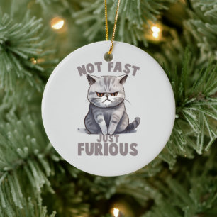 Not Fast, Just Furious – Grey Cat Humour Ceramic Tree Decoration