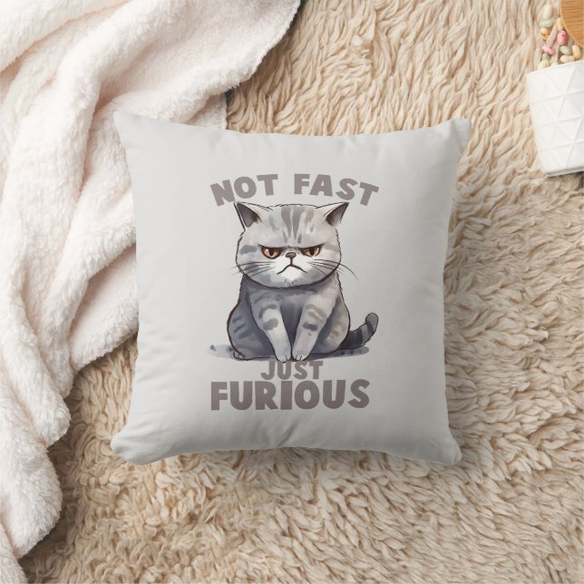 Not Fast, Just Furious – Grey Cat Humour Cushion (Blanket)