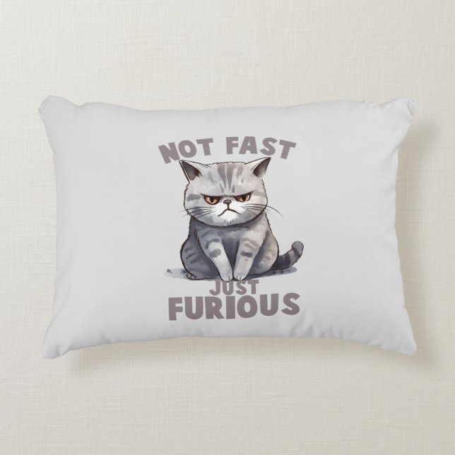 Not Fast, Just Furious – Grey Cat Humour Decorative Cushion (Front)