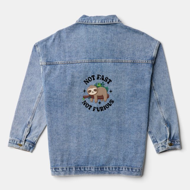 Not Fast Not Furious Funny Cute Sleepy Sloth Denim Jacket (Back)