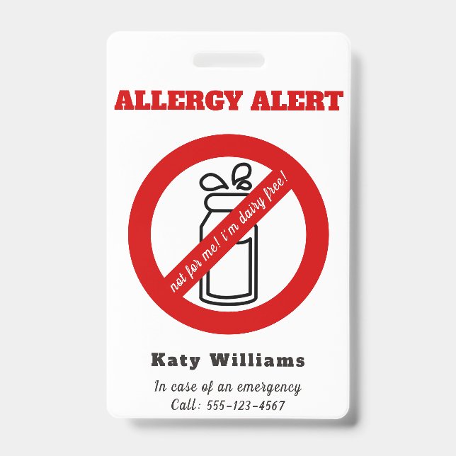 Not for me, i'm dairy free! Kids Allergy Alert ID Badge (Front)