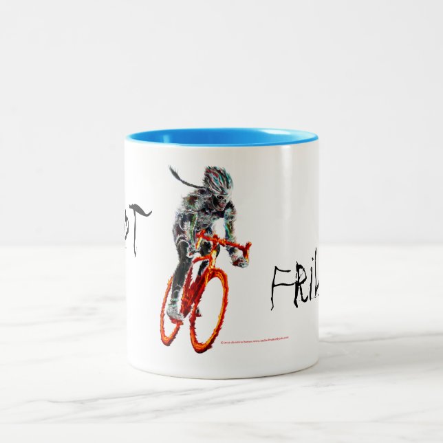 Not Frilly.  Female Cyclist & Flames Two-Tone Coffee Mug (Center)