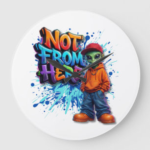 Not From Here Funny Alien Streetwear Design Large Clock