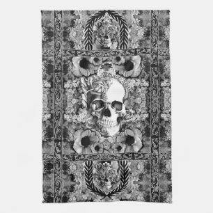 Not here, ornate skull and poppies pattern tea towel
