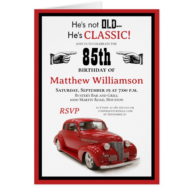 Not Old, Classic Vintage Red Coupe 85th Birthday  (Front)