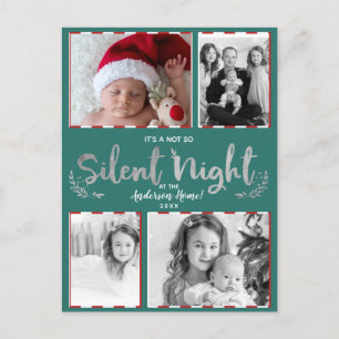 Not So Silent Night Teal Silver 4 Photo Holiday Postcard