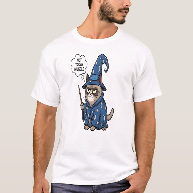 Not Today Muggle Grumpy Wizard Cat T-Shirt - Funny (Front)