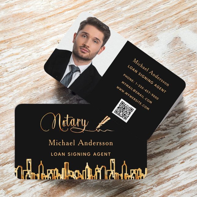 Notary agent black gold skyline QR code photo Business Card (Creator Uploaded)