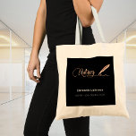Notary black rose gold signing pen name tote bag<br><div class="desc">A black background decorated with a rose gold signature signing pen.  Elegant hand lettered style script.  Personalise and add Your name,  text, </div>