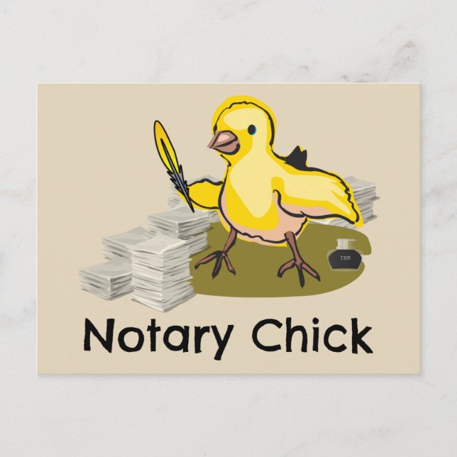 Notary Chick with Feather Quill and Documents Postcard (Front)