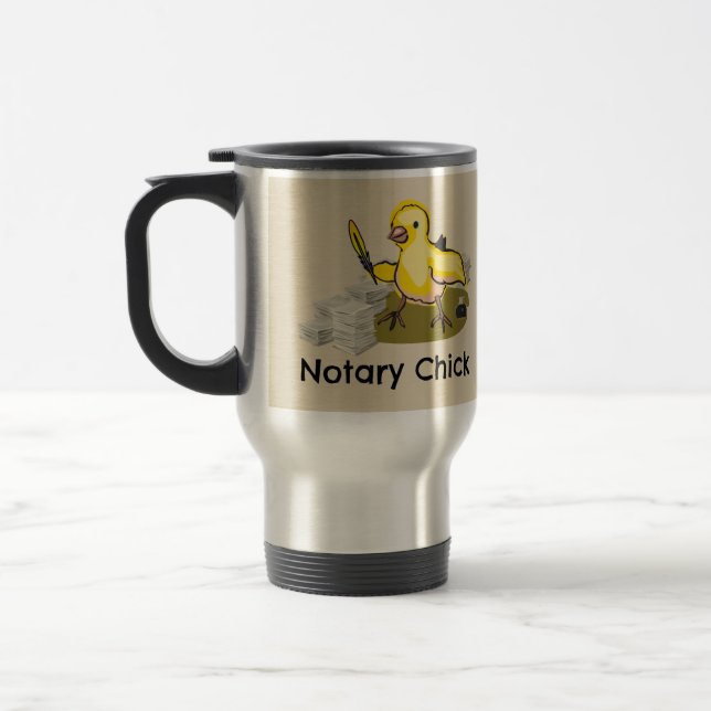 Notary Chick with Feather Quill and Documents Travel Mug (Left)