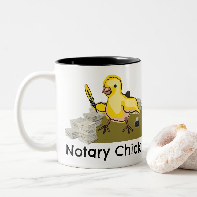Notary Chick Yellow Feather Quill and Documents Two-Tone Coffee Mug (With Donut)