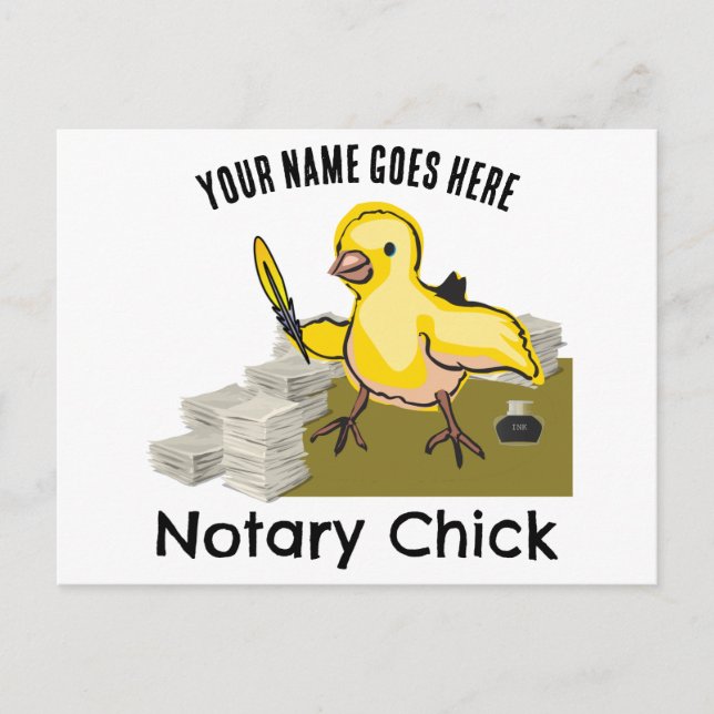 Notary Chick Yellow Feather Quill Customised Name Postcard (Front)