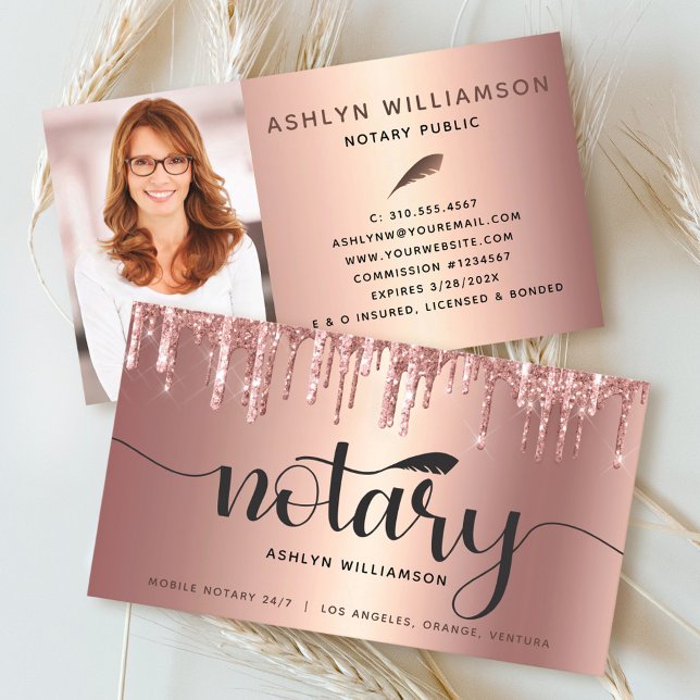 Notary Copper Pink Glitter Photo Loan Agent Script Business Card (Creator Uploaded)