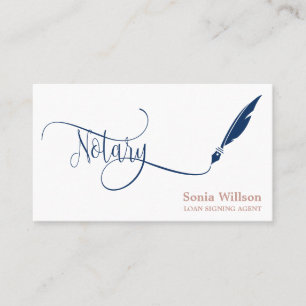 Notary elegant blue navy typography feather pen business card